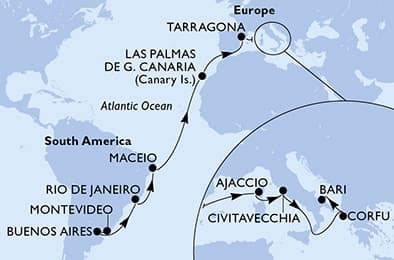 22 nights Transatlantic cruise on MSC Splendida 
from 🇺🇾 Montevideo to 🇮🇹 Bari 