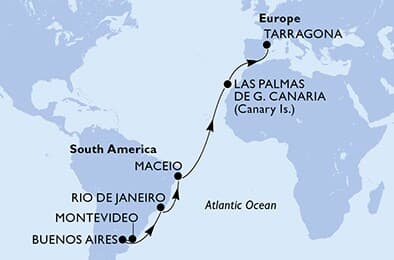 17 nights Transatlantic cruise on MSC Splendida 
from 🇺🇾 Montevideo to 🇪🇸 Tarragona 