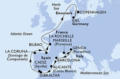 14 nights North European cruise on MSC Euribia 
from 🇫🇷 Marseille to 🇩🇰 Copenhagen 