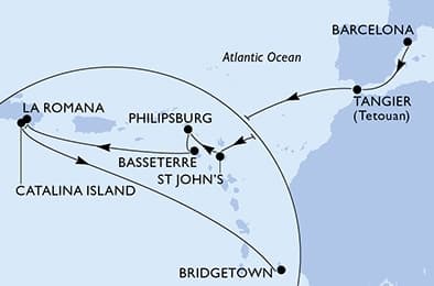 17 nights Transatlantic cruise on MSC Opera
from 🇪🇸 Barcelona to 🇧🇧 Bridgetown