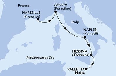 4 nights cruise on MSC World Europa 
from 🇫🇷 Marseille to 🇲🇹 Valletta 