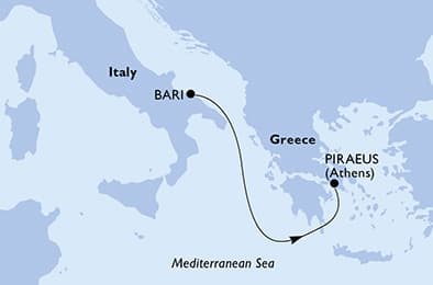 2 nights Mediterranean cruise on MSC Orchestra 
from 🇮🇹 Bari to 🇬🇷 Piraeus 