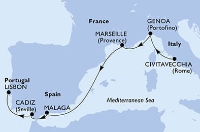6 nights Mediterranean cruise on MSC Sinfonia 
from 🇮🇹 Civitavecchia to 🇵🇹 Lisbon 