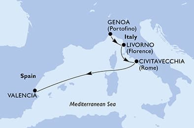 4 nights Mediterranean cruise on MSC Sinfonia 
from 🇮🇹 Genova to 🇪🇸 Valencia 