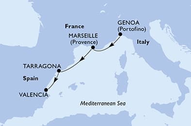 3 nights Mediterranean cruise on MSC Orchestra 
from 🇮🇹 Genoa to 🇪🇸 Valencia 