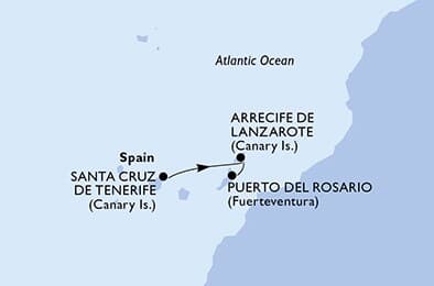 2 nights cruise on MSC Musica 
from 🇪🇸 Santa Cruz de Tenerife to 🇪🇸 Puerto del Rosario 