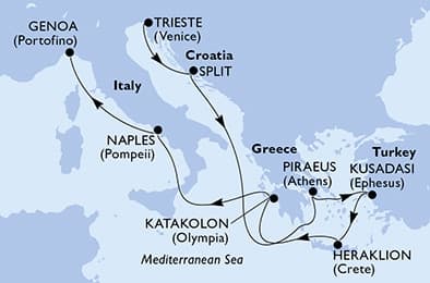 9 nights Mediterranean cruise on MSC Splendida 
from 🇮🇹 Trieste to 🇮🇹 Genoa 