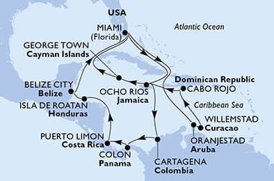 21 nights Caribbean cruise on MSC Poesia 
from 🇺🇸 Miami 