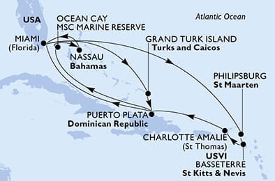 15 nights Caribbean cruise on MSC Seashore 
from 🇺🇸 Miami 