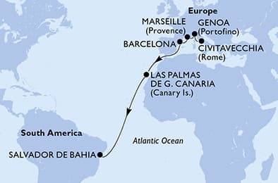 13 nights Transatlantic cruise on MSC Divina 
from 🇮🇹 Civitavecchia to 🇧🇷 Salvador 