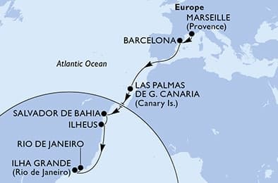 15 nights Transatlantic cruise on MSC Divina 
from 🇫🇷 Marseille to 🇧🇷 Rio de Janeiro 