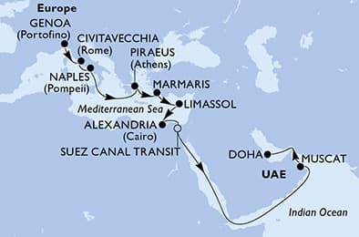 19 nights Transatlantic cruise on MSC World Europa 
from 🇮🇹 Genova to 🇶🇦 Doha 