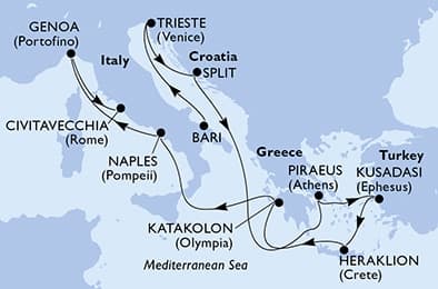 11 nights Mediterranean cruise on MSC Splendida 
from 🇮🇹 Bari to 🇮🇹 Civitavecchia 