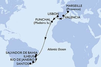 16 nights Transatlantic cruise on MSC Musica 
from 🇫🇷 Marseille to 🇧🇷 Santos (Sao Paulo) 