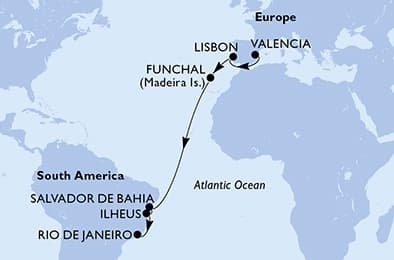14 nights Transatlantic cruise on MSC Musica 
from 🇪🇸 Valencia to 🇧🇷 Rio de Janeiro 