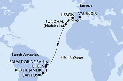 15 nights Transatlantic cruise on MSC Musica 
from 🇪🇸 Valencia to 🇧🇷 Santos (Sao Paulo) 