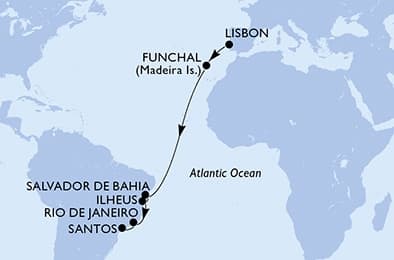 13 nights Transatlantic cruise on MSC Musica 
from 🇵🇹 Lisbon to 🇧🇷 Santos (Sao Paulo) 