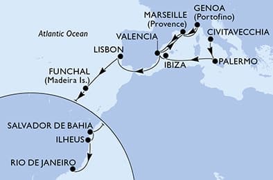 22 nights Transatlantic cruise on MSC Musica 
from 🇮🇹 Civitavecchia to 🇧🇷 Rio de Janeiro 