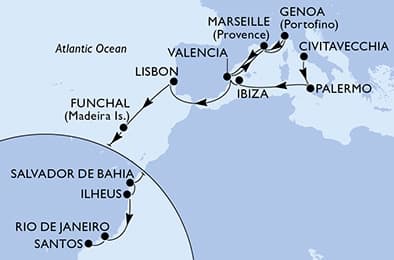 23 nights Transatlantic cruise on MSC Musica 
from 🇮🇹 Civitavecchia to 🇧🇷 Santos (Sao Paulo) 