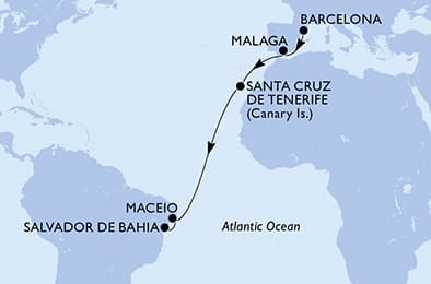 13 nights Transatlantic cruise on MSC Virtuosa 
from 🇪🇸 Barcelona to 🇧🇷 Salvador 