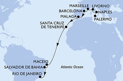 20 nights Transatlantic cruise on MSC Virtuosa 
from 🇮🇹 Palermo to 🇧🇷 Rio de Janeiro 