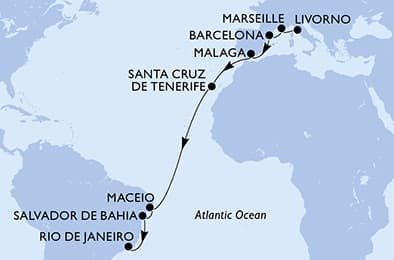 18 nights Transatlantic cruise on MSC Virtuosa 
from 🇮🇹 Livorno to 🇧🇷 Rio de Janeiro 