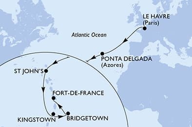13 nights Transatlantic cruise on MSC Meraviglia 
from 🇫🇷 Le Havre to 🇲🇶 Fort-de-France 