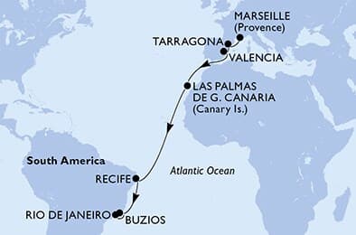 16 nights Transatlantic cruise on MSC Sinfonia 
from 🇫🇷 Marseille to 🇧🇷 Rio de Janeiro 