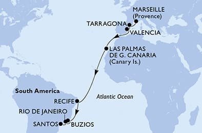 17 nights Transatlantic cruise on MSC Sinfonia 
from 🇫🇷 Marseille to 🇧🇷 Santos (Sao Paulo) 