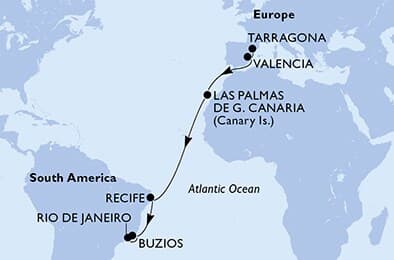 15 nights Transatlantic cruise on MSC Sinfonia 
from 🇪🇸 Tarragona to 🇧🇷 Rio de Janeiro 
