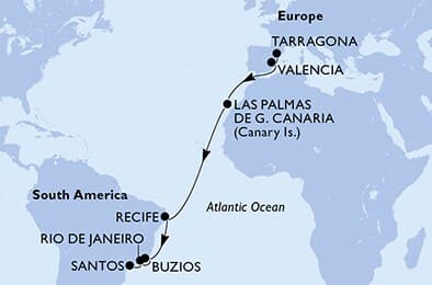 16 nights Transatlantic cruise on MSC Sinfonia 
from 🇪🇸 Tarragona to 🇧🇷 Santos (Sao Paulo) 