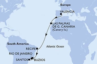 15 nights Transatlantic cruise on MSC Sinfonia 
from 🇪🇸 Valencia to 🇧🇷 Santos (Sao Paulo) 