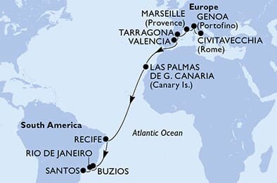 19 nights Transatlantic cruise on MSC Sinfonia 
from 🇮🇹 Civitavecchia to 🇧🇷 Santos (Sao Paulo) 