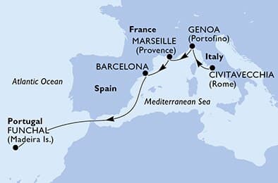 6 nights cruise on MSC Magnifica 
from 🇮🇹 Civitavecchia to 🇵🇹 Funchal 