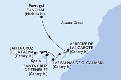 5 nights Mediterranean cruise on MSC Fantasia 
from 🇵🇹 Funchal to 🇪🇸 Santa Cruz de Tenerife 