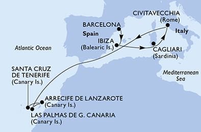 10 nights Mediterranean cruise on MSC Fantasia 
from 🇪🇸 Barcelona to 🇪🇸 Santa Cruz de Tenerife 