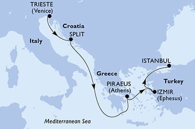 5 nights Mediterranean cruise on MSC Splendida 
from 🇮🇹 Trieste to 🇹🇷 Istanbul 