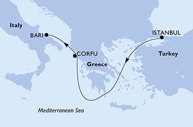 3 nights Mediterranean cruise on MSC Orchestra 
from 🇹🇷 Istanbul to 🇮🇹 Bari 