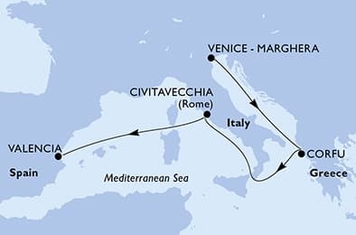 6 nights Mediterranean cruise on MSC Lirica 
from 🇮🇹 Venice to 🇪🇸 Valencia 