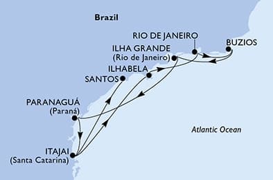 8 nights South American cruise on MSC Musica 
from 🇧🇷 Itajai to 🇧🇷 Santos (Sao Paulo) 