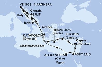 13 nights Mediterranean cruise on MSC Lirica 
from 🇮🇹 Bari to 🇮🇹 Venice 
