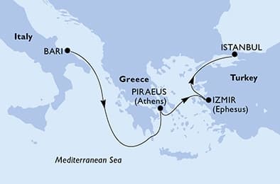 4 nights Mediterranean cruise on MSC Lirica 
from 🇮🇹 Bari to 🇹🇷 Istanbul 
