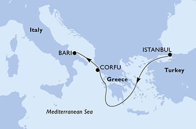 3 nights Mediterranean cruise on MSC Lirica 
from 🇹🇷 Istanbul to 🇮🇹 Bari 