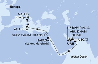 17 nights Transatlantic cruise on MSC World Europa 
from 🇦🇪 Dubai to 🇮🇹 Naples 