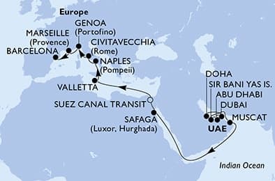23 nights Transatlantic cruise on MSC World Europa 
from 🇶🇦 Doha to 🇪🇸 Barcelona 