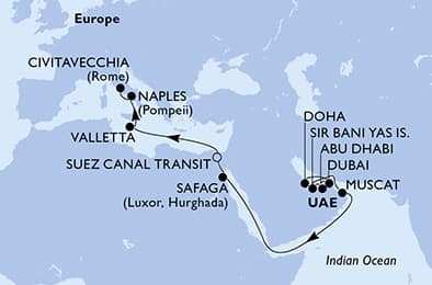20 nights Transatlantic cruise on MSC World Europa 
from 🇶🇦 Doha to 🇮🇹 Civitavecchia 