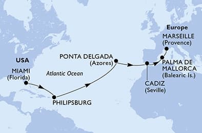 15 nights Transatlantic cruise on MSC Seashore 
from 🇺🇸 Miami to 🇫🇷 Marseille 