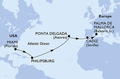 14 nights Transatlantic cruise on MSC Seashore 
from 🇺🇸 Miami to 🇪🇸 Palma de Mallorca 