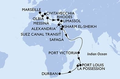 27 nights Transatlantic cruise on MSC Sinfonia 
from 🇫🇷 Marseille to 🇿🇦 Durban 