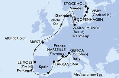 14 nights North European cruise on MSC Magnifica 
from 🇸🇪 Stockholm to 🇮🇹 Genova 